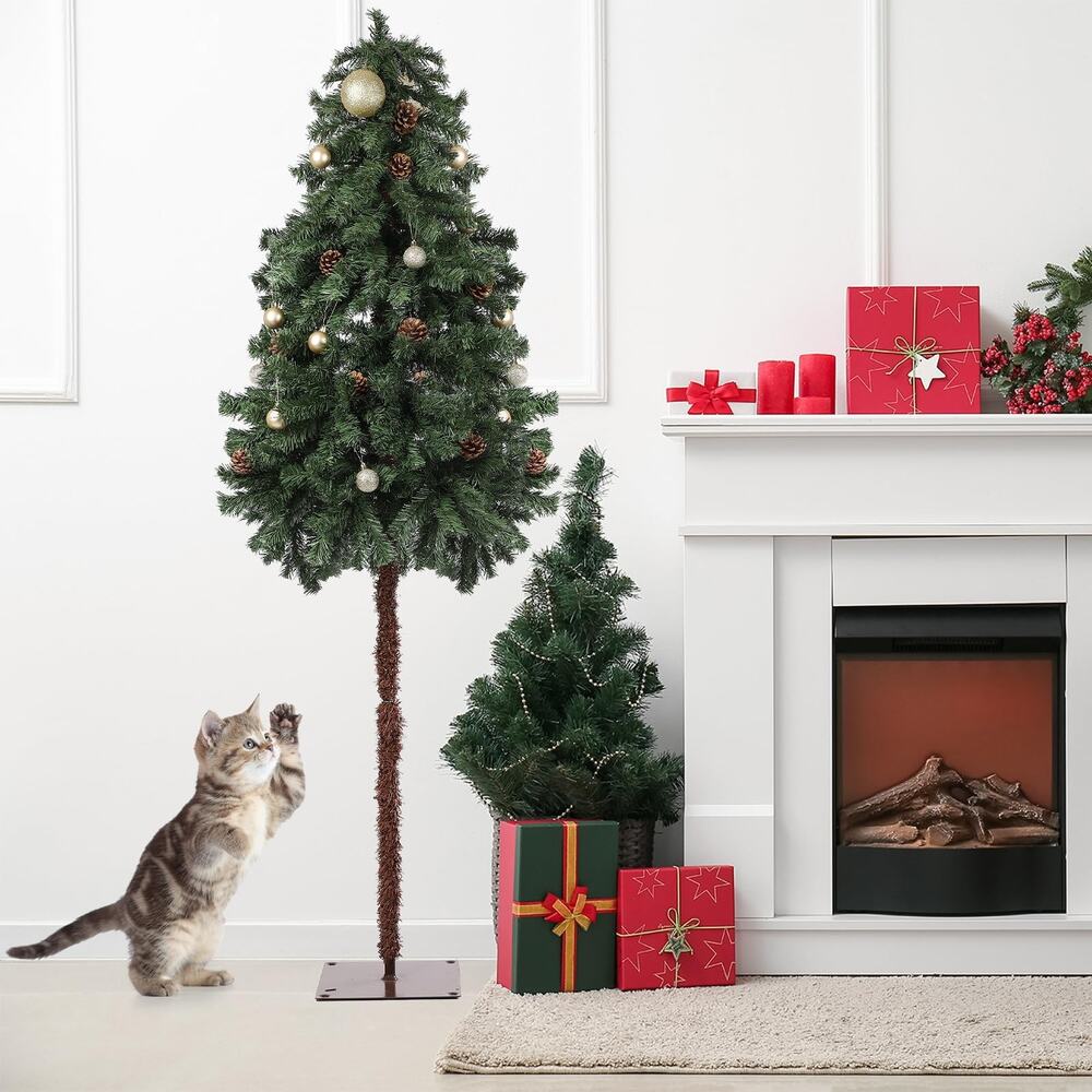 Artificial Christmas Tree 6ft Pencil Slim Green Pinecones Holiday Decor Indoor